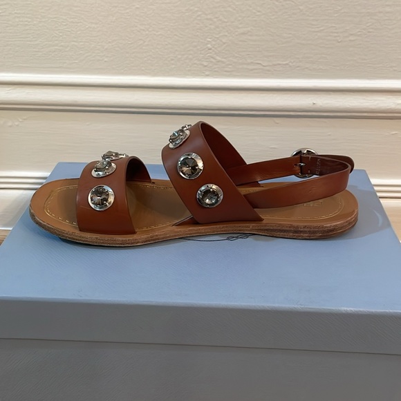 Prada Brown Leather Sandals with Large Rhinestones - Picture 5 of 9